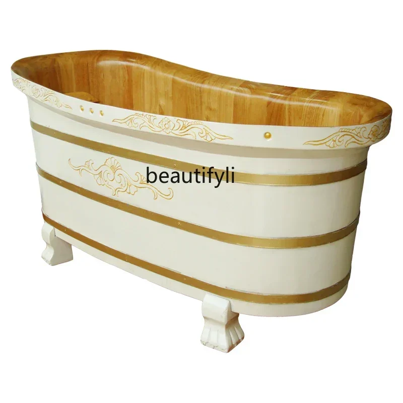 

ss New Light Luxury Bath Wooden Barrel Adult Bathtub Large Solid Wood Bathtub Household Bath Barrel Adult Ivory White