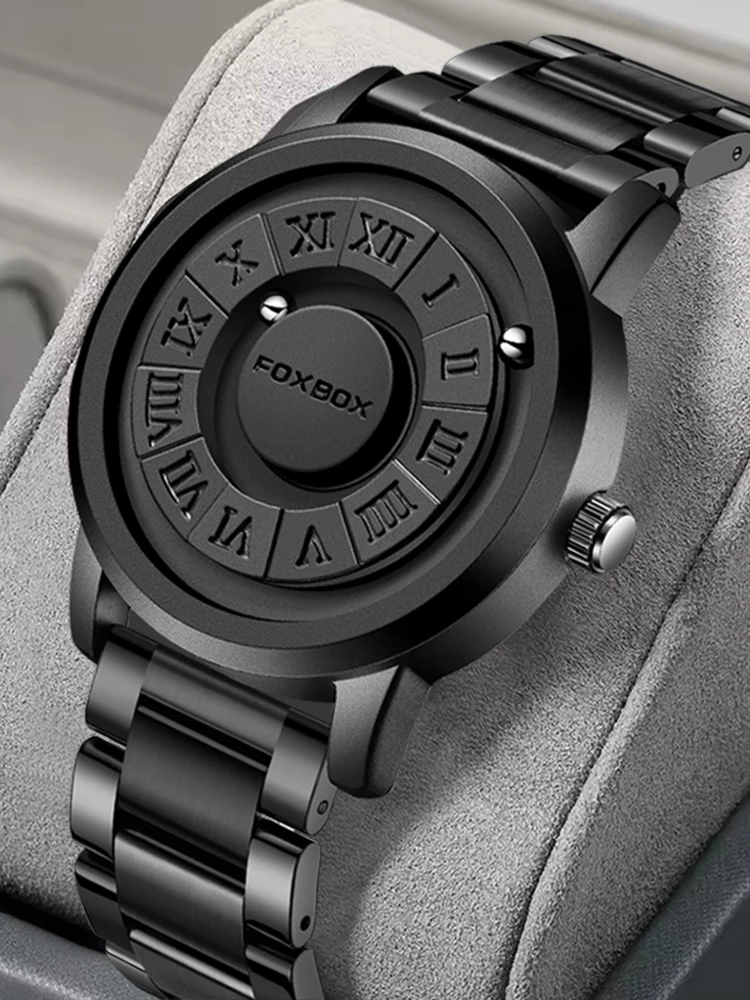 FOXBOX Herrenuhr, schwarzer Edelstahl, scrollender Zeiger, Magnetkraft, wasserdicht, Quarz-Armbanduhr für Herren, Montre Homme + BOX