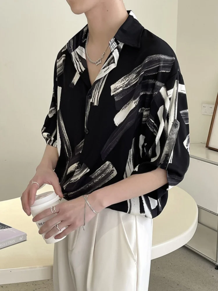 

Men's Summer Thin ort Sve irt Tie Dye Ink Flower Loose Fit Youthful Trendy Button down Iron Free Striped Pattern