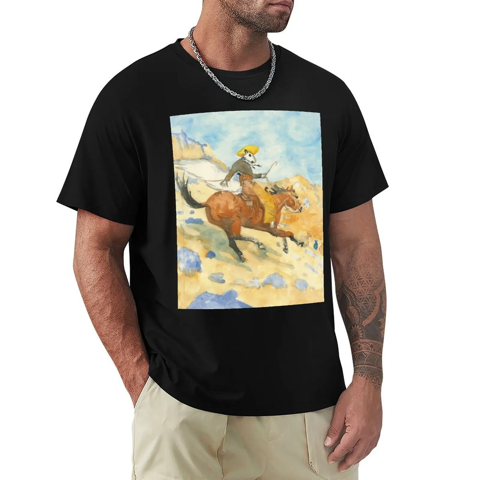 Ghost Squirrel Cowboy on Hill, after Frederick Remington T-Shirt Vintage Style Printed Top