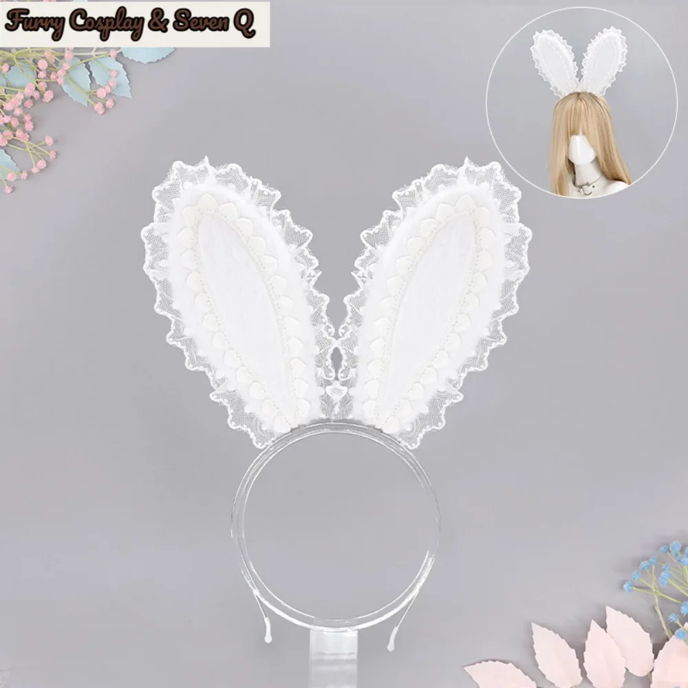 Sweet Lolita Lace Ribbon Bow Headwear Plush Bunny Ears Hairband Cute Girl Party Hair Accessories Women Cosplay Props 5