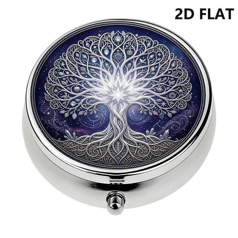 Single-piece packaging, Tree of Life Cosmic Night, portable pill box, travel-friendly, unique design, flat print, flat