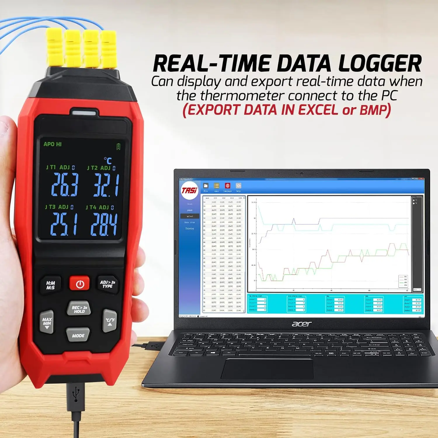 Vier kanalen K/J-type thermokoppelthermometer Digitale LCD-temperatuurmeter 5000 groepen gegevensopslag met USB-gegevensuploaden