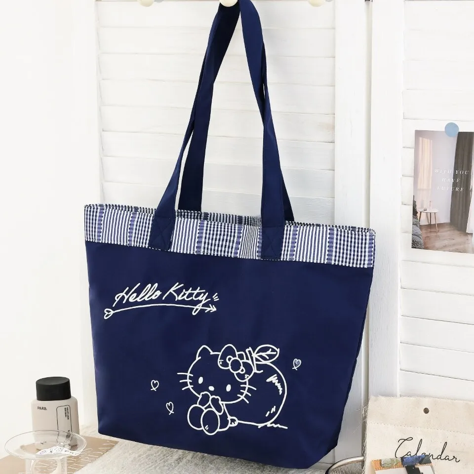 Hello Kitty Cartoon Embroidery Tote Bag Oxford Cloth Large Shoulder Handbag Women Casual Shopping Bag