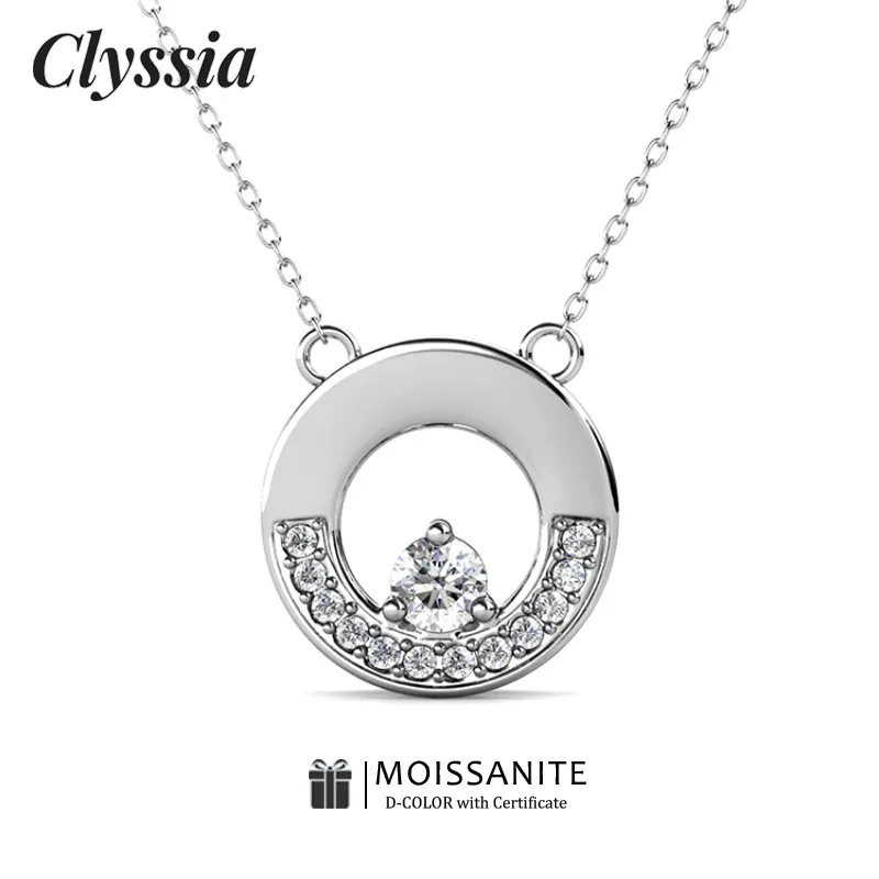 

CLYSSIA D Color VVS1 Moissanite Geometric Hollow Out Pendant 925 Sterling Silver Modern Chain Necklace Hypoallergenic Gift