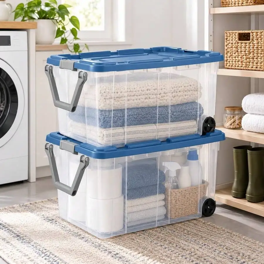 2 Pack 160 Quart Wheeled Stacker Tote, Extra Large Durable Clear Bin, Latch Lid And Pull Handle, Blue/Clear