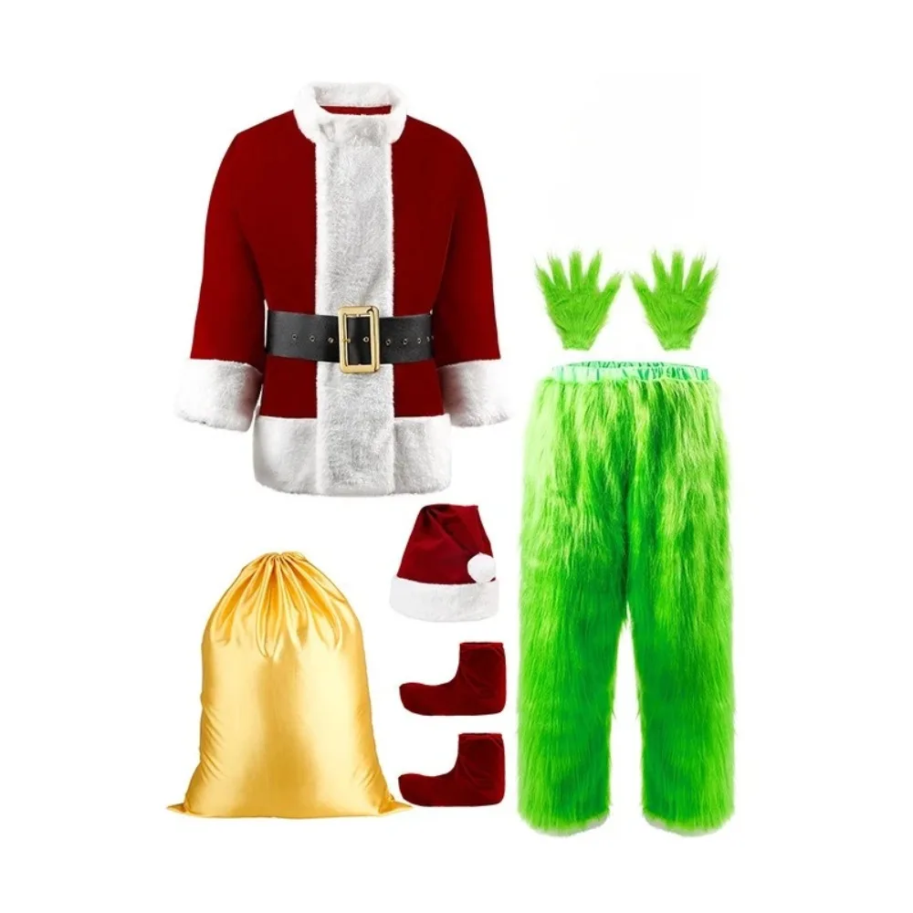 

6pcs Christmas Green Santa Costume Adult Deluxe Furry Santa Costumes Halloween Cosplay Outfit for Men Performance Suit Gloves