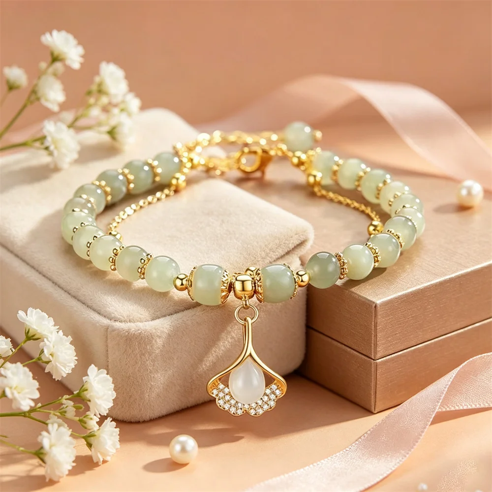 Natural Hetian Three Lifetimes Have Apricots Meet You Double Apricot Leaf Bracelet Exquisite Charm Luxury Fashion Jewelry