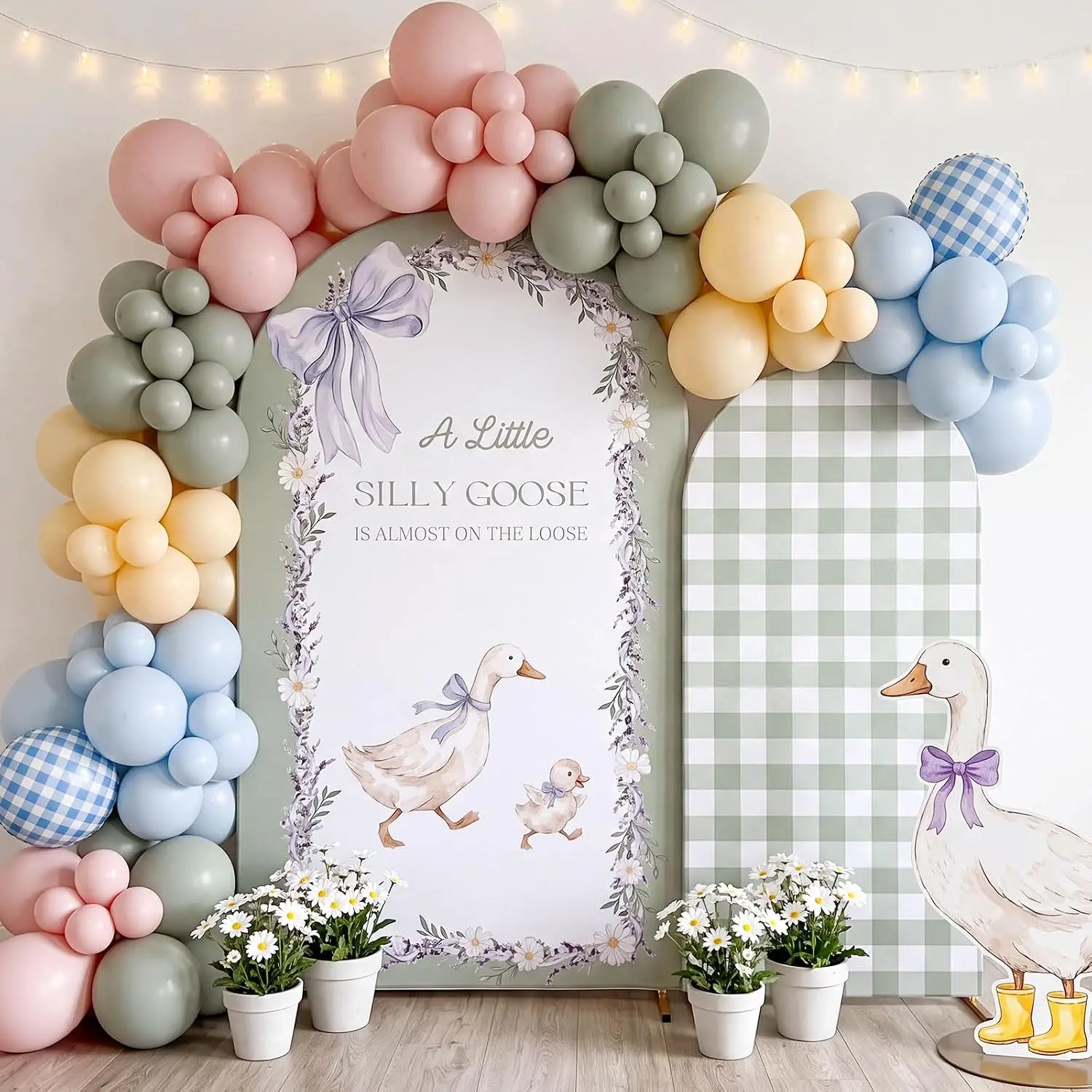 2-sided Little Silly Goose Baby Shower Party Banner Backdrop Decor Green Gingham Gender Reveal Chiara Arch Background Cover