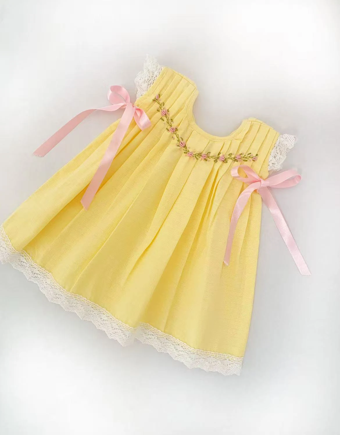 0-12Y Baby Girl Summer Handmade Flower Embroidery Vintage Princess Yellow Dress for Birthday Photography Holiday Eid B400