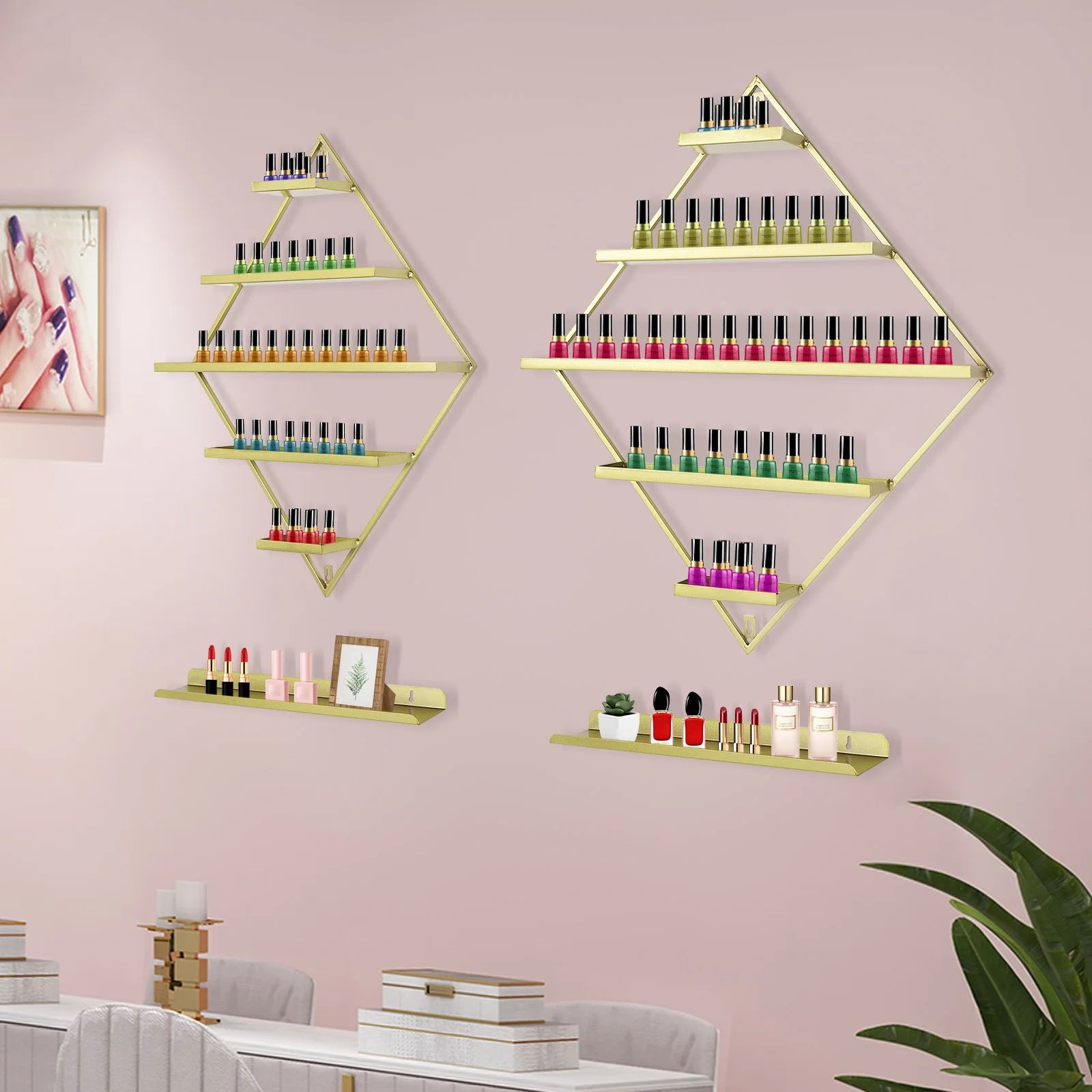 

Gold, 5-Tier Wall-Mounted Rhombus Nail Polish Rack Storage Display Rack Set (2 Rhombus Racks+2 Horizontal Bars) for Nail Salons