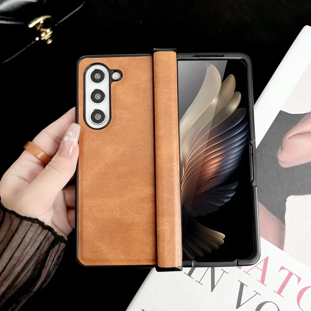 

Чехол с шарнирами для Samsung Galaxy Z Fold 5 4 3, универсальный Роскошный складной ударопрочный защитный Твердый чехол из искусственной кожи, аксессуары