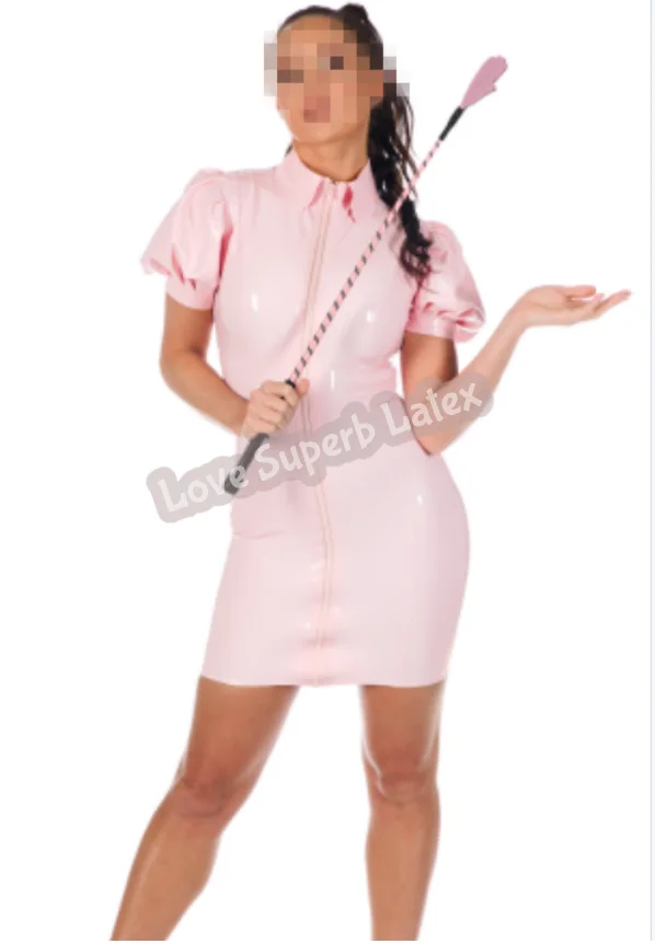 

Handmade Natural Latex Dress for Women puff-sleeves and Turn Down collar latex dress full-length open ended front zip