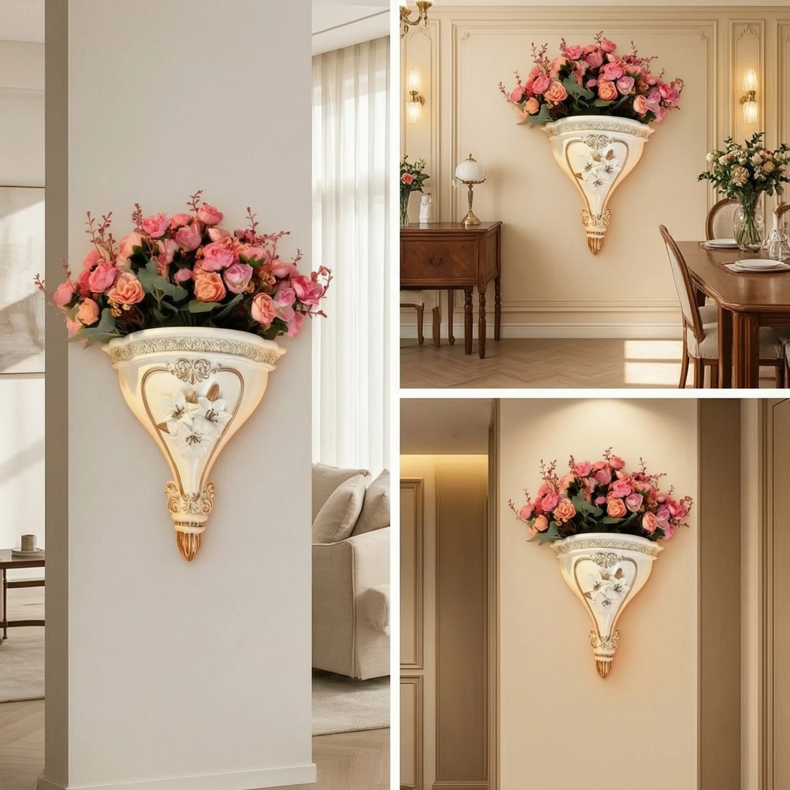 Wall Vase with Floral Relief Sculpted Wall Vase Decor Decorative Elegant for Living Room, Entryway