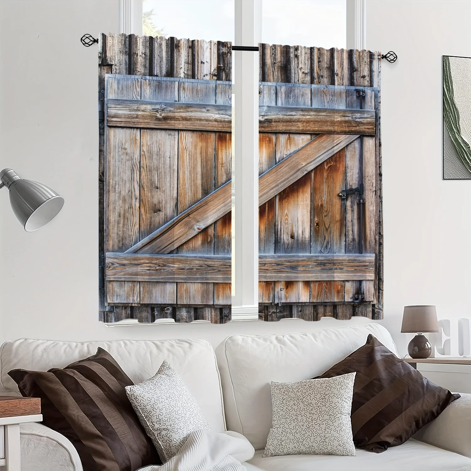 2pcs Rustic Wood Door Barn Print Home Room Bedroom Kitchen Curtain Wood Grain Print Office Bedroom Bathroom Shade Cloth