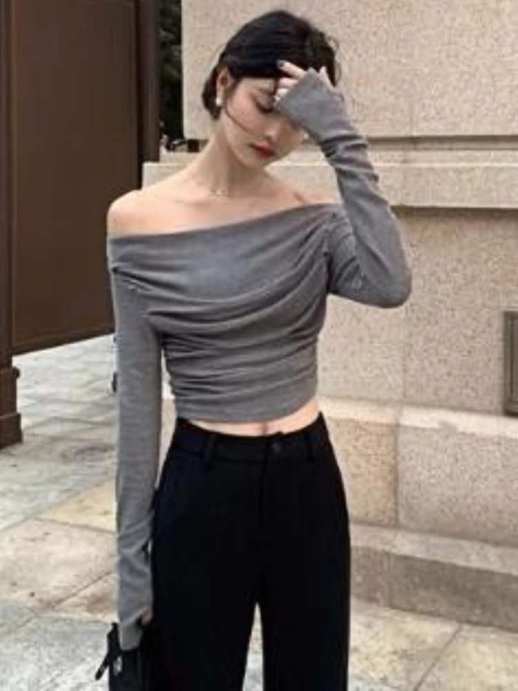 T-shirts Women Slash Neck Elegant European Style Simple Design Popular Solid Comfortable Slim All-match Streetwear Retro Spring