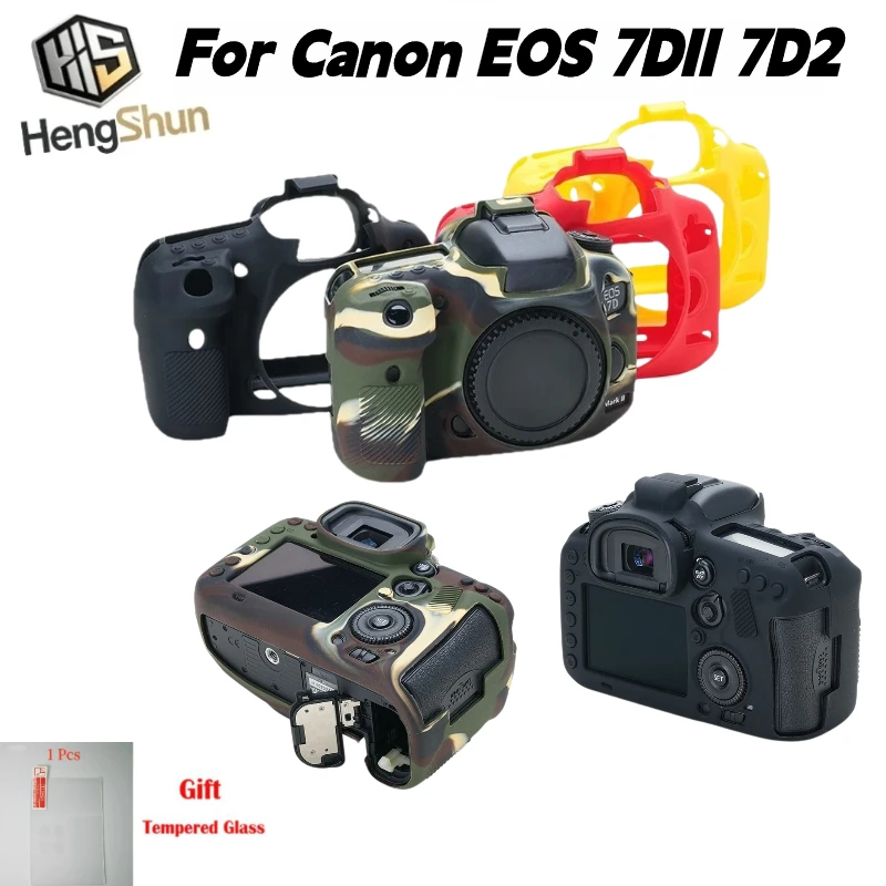 For Canon EOS 7DII 7D2 Camera Protective Silicone Skin Anti‑Drop Anti‑Scratch Rubber Shell Cover,Free Tempered Glass Screen Film