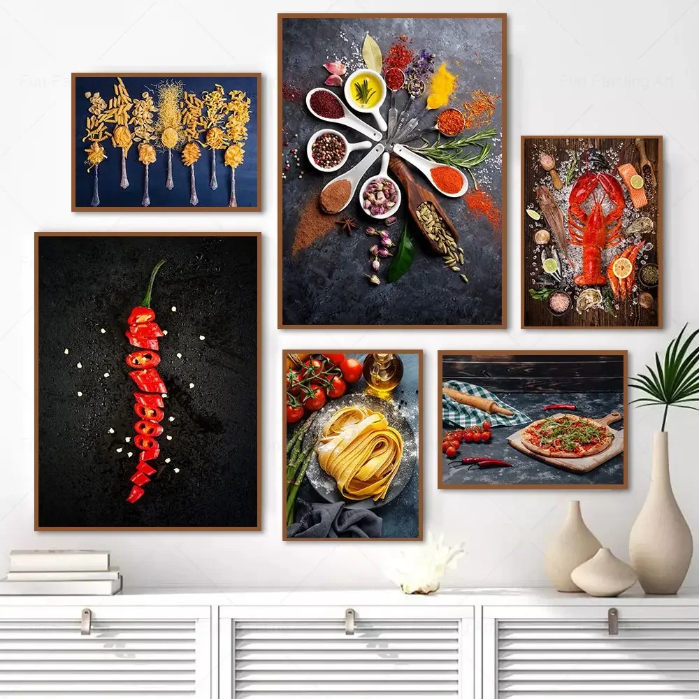 Modern Kitchen Wall Art Pictures Spice Herb Lobster Pasta Pizza Bread Ice Cream Canvas Painting Poster Prints Nordic Home Decor