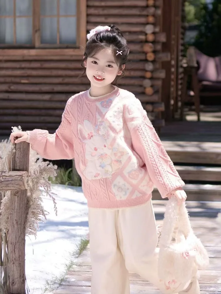 سترة أطفال جديدة للخريف والشتاء، سترة صوفية كرتونية سميكة ودافئة للفتيات، بلوزة سفلية على شكل أرنب لطيف للأطفال