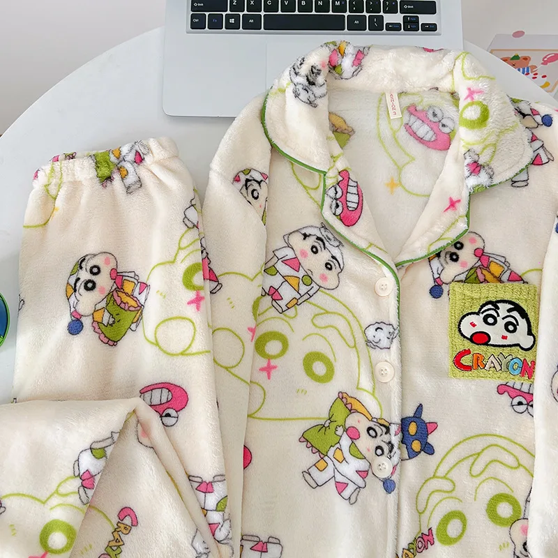 Anime Cartoon Crayon Shin-Chan Women' Plush Pajamas Set Winter Long Sleeves Long Pant Sweet Girly Flannel Warm Pajamas Homewear