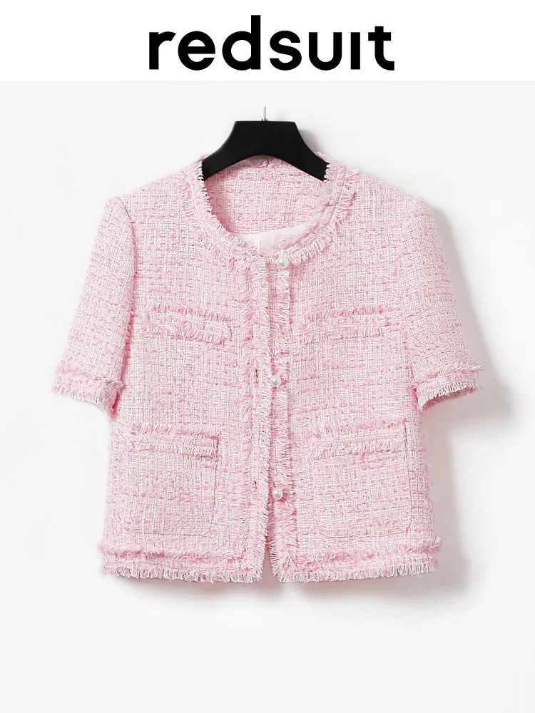 New Summer coat pink coarse tweed commuting versatile thin short sleeved top Custom Sizes