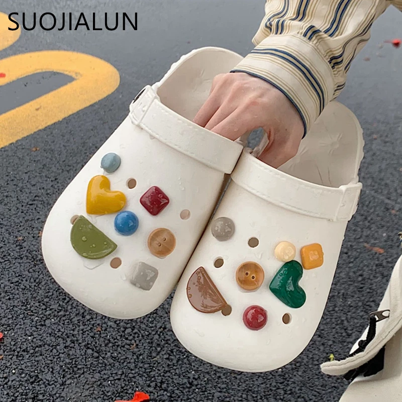 SUOJIALUN Summer Thick Platform Slippers Fashion Cute Round Toe Slip On Ladies Mules Shoes Women and Men Couple Flat Slides Shoe