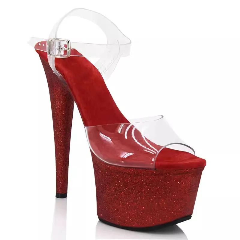 

Summer New Transparent PVC Sandals Women 17CM Super High Heel Platform Glitter Sequin Stage Shoes Pink Pole Dance Shoes