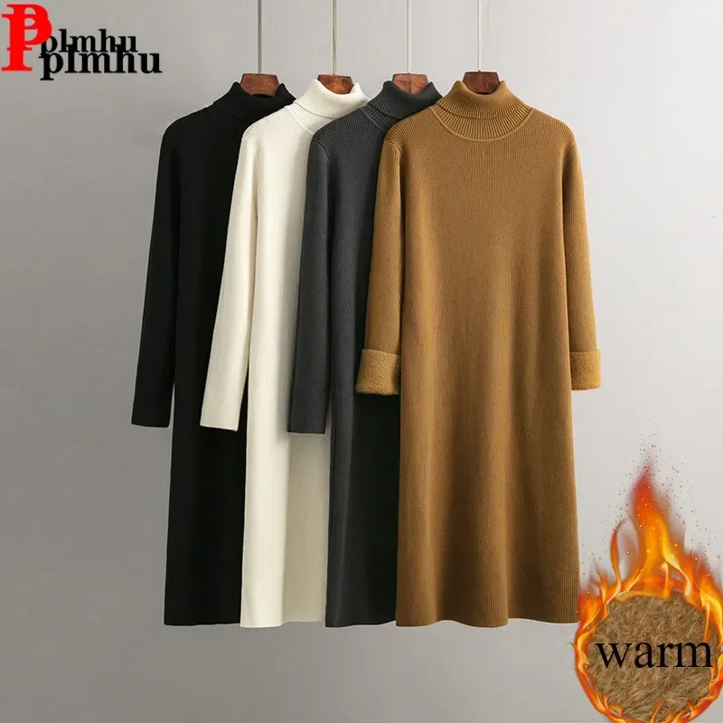

Fall Winter Thicken Knitted Slim Dress Long Sleeve Warm Vestidos New Women Knit Turtleneck Velvet Lined Pullover Sweater Dresses