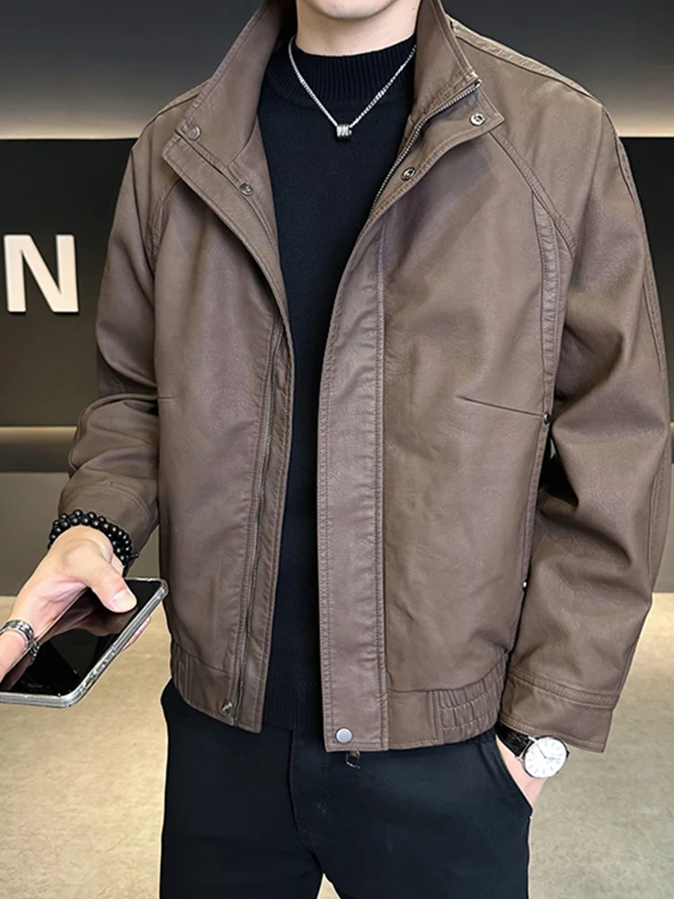 Thiened Fce اصطف الرجعية الأمريكية Jaet الرجال ملابس خارجية بولي Leather الجلود السائق Sle الخريف الشتاء الراقية يشعر الوقوف طوق