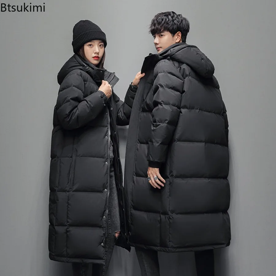 2026 New Men's Down Jackets Fashion Slim Warm Long Cotton-padded Jackets Korean Style Hooded Couple Coats Winter Leisure Parkas