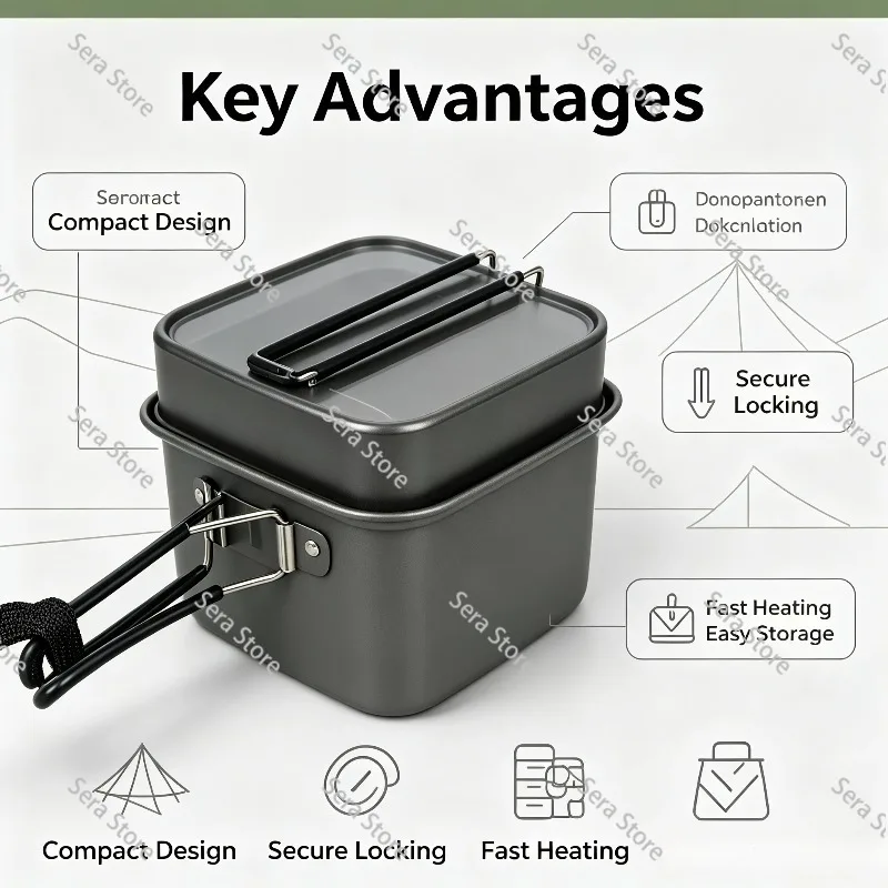 Portable Foldable Aluminum Alloy Square Cooking Pot, Outdoor Camping Fry Pan Lunch Box Cookware for Mountaineering Fishing