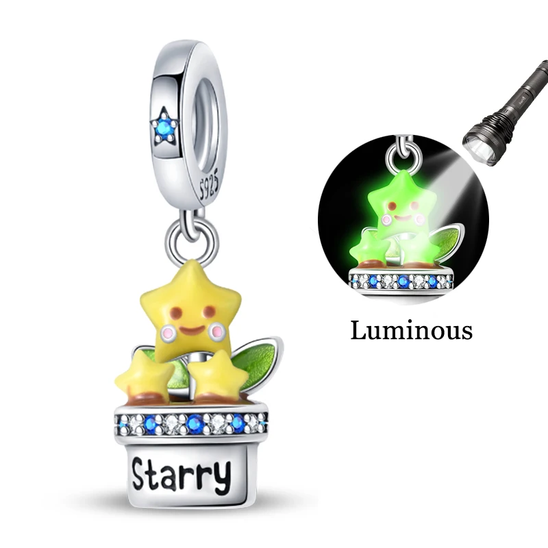 925 Sterling Silver Charms Bead CZ Zircon Luminous Star Flower Dangle Fit Original Bracelet DIY Women Jewelry Gift