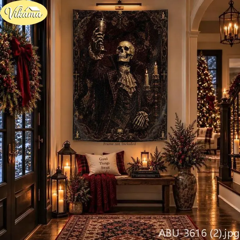 VIKAMA Creepmas Skeletal Culinary Cranium Platter Hound Wall Tapestry Shadowy Victorian Galas Banquet Festal Room Home Decor