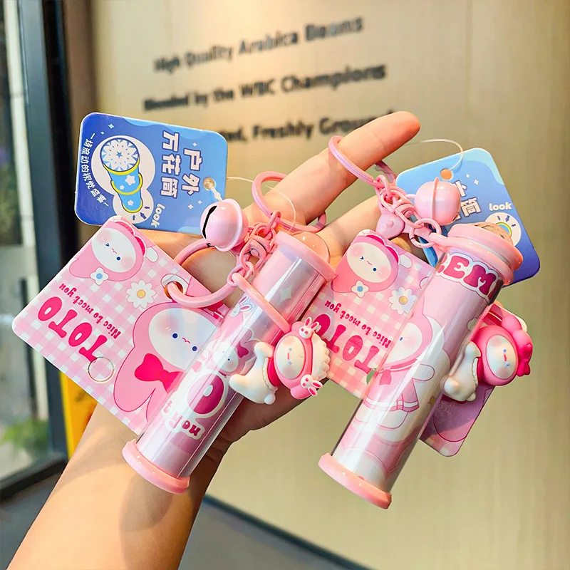 Cute Pink Rabbit Outdoor Kaleidoscope Keychain Kawaii bowknot Bunny Kids Toy Pendant Key Ring Exquisite Bag Jewelry Accessories