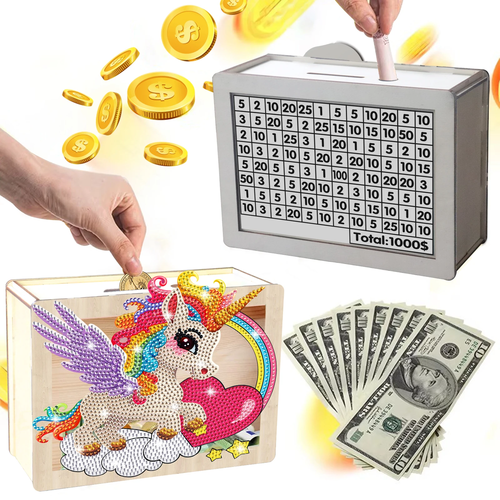 Creative DIY Diamond Painting Wood Rainbow Pony Polly Piggy Bank Desktop Ornament Money Box Child Cash Coins Storage Box