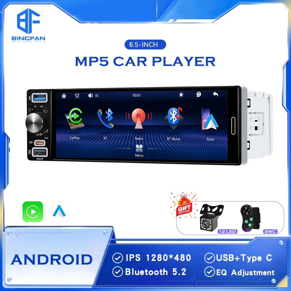 

Автомагнитола BINGFAN IPS 1DIN, беспроводная, 6,5 дюйма, FM-стерео, универсальный автомобильный MP5-плеер, мультимедийный проигрыватель с Bluetooth, TF-портом, камерой и сенсорным экраном