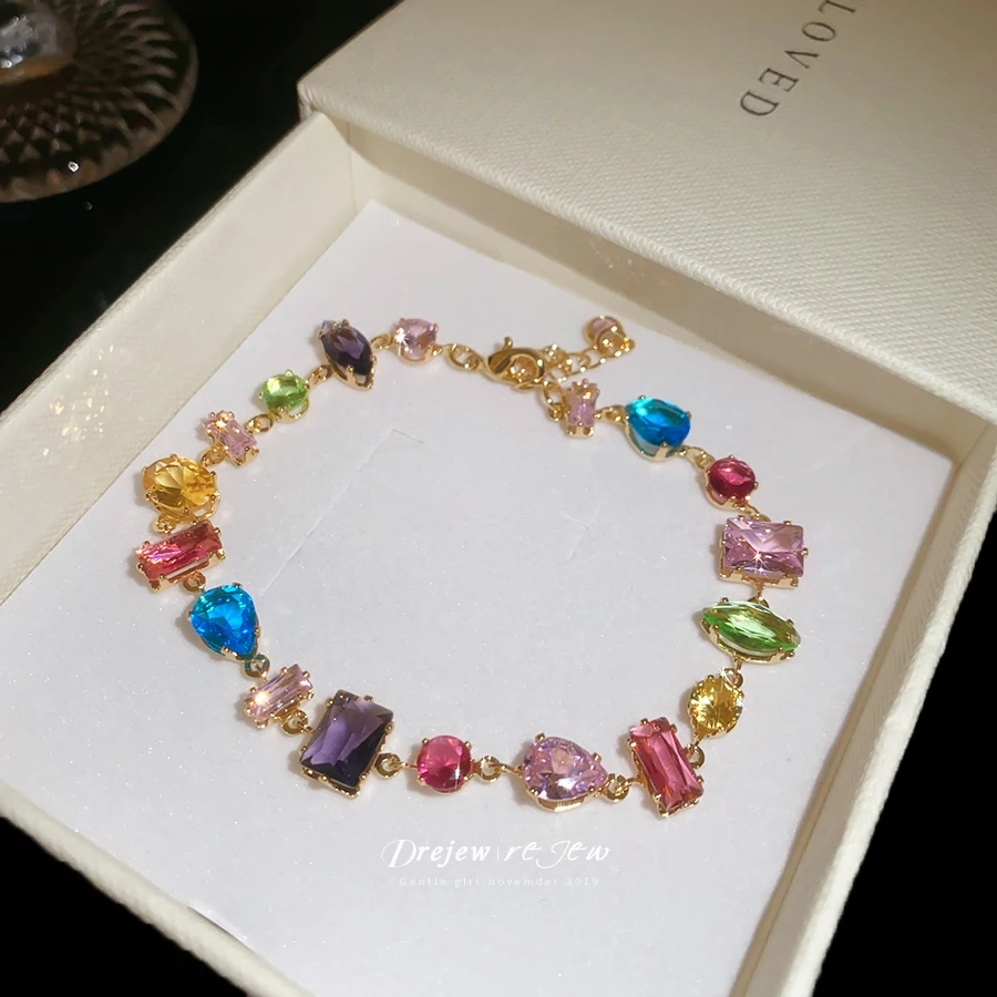DREJEW Square Cat Eye Panel Alternate Bracelet Round Sparkle Inlay Interconnected Link Chain Elegant Design Jewelry for Women