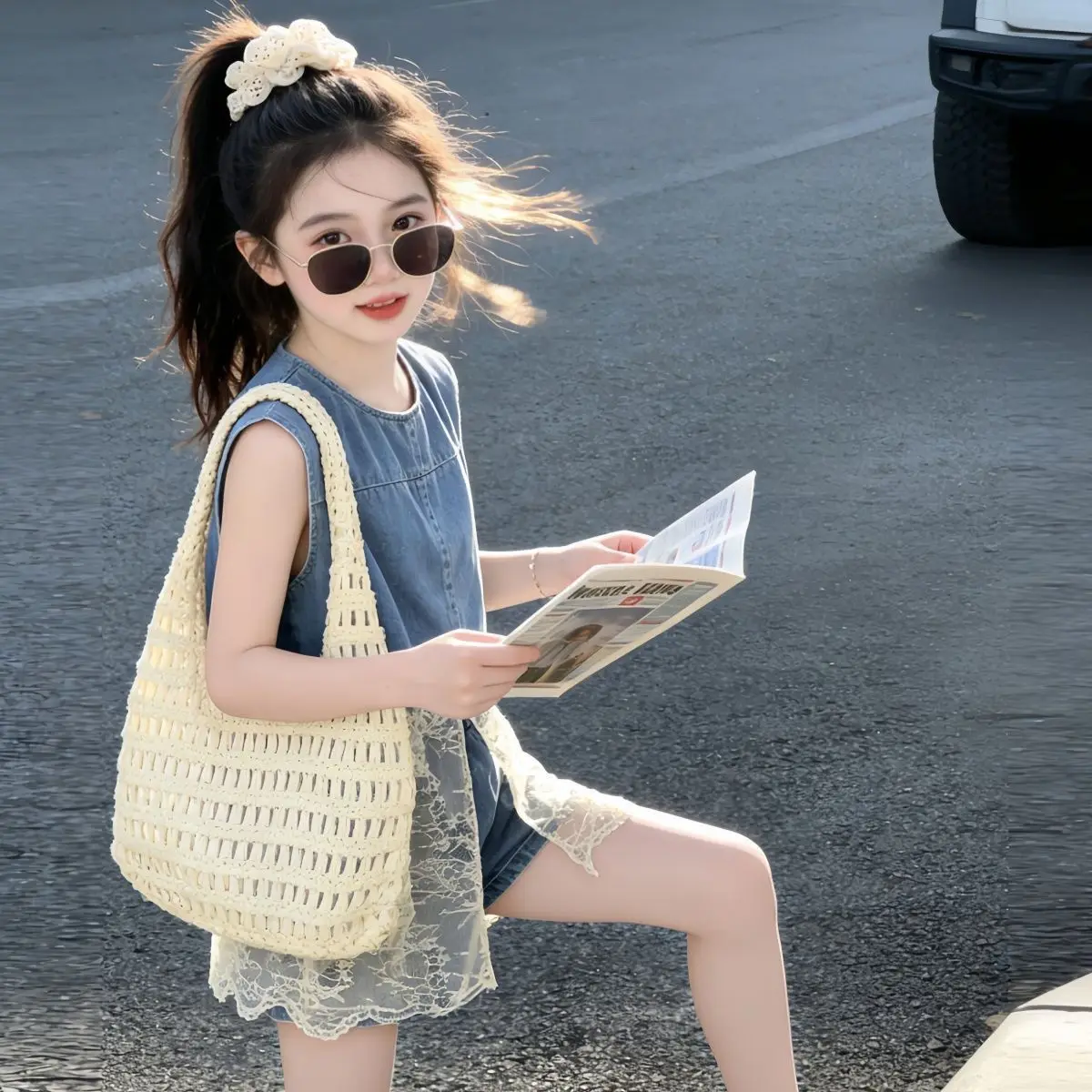 Girls Lace Patch Beautiful Camisole Denim Set 2026 New Unique Pretty Shorts Two Piece Set