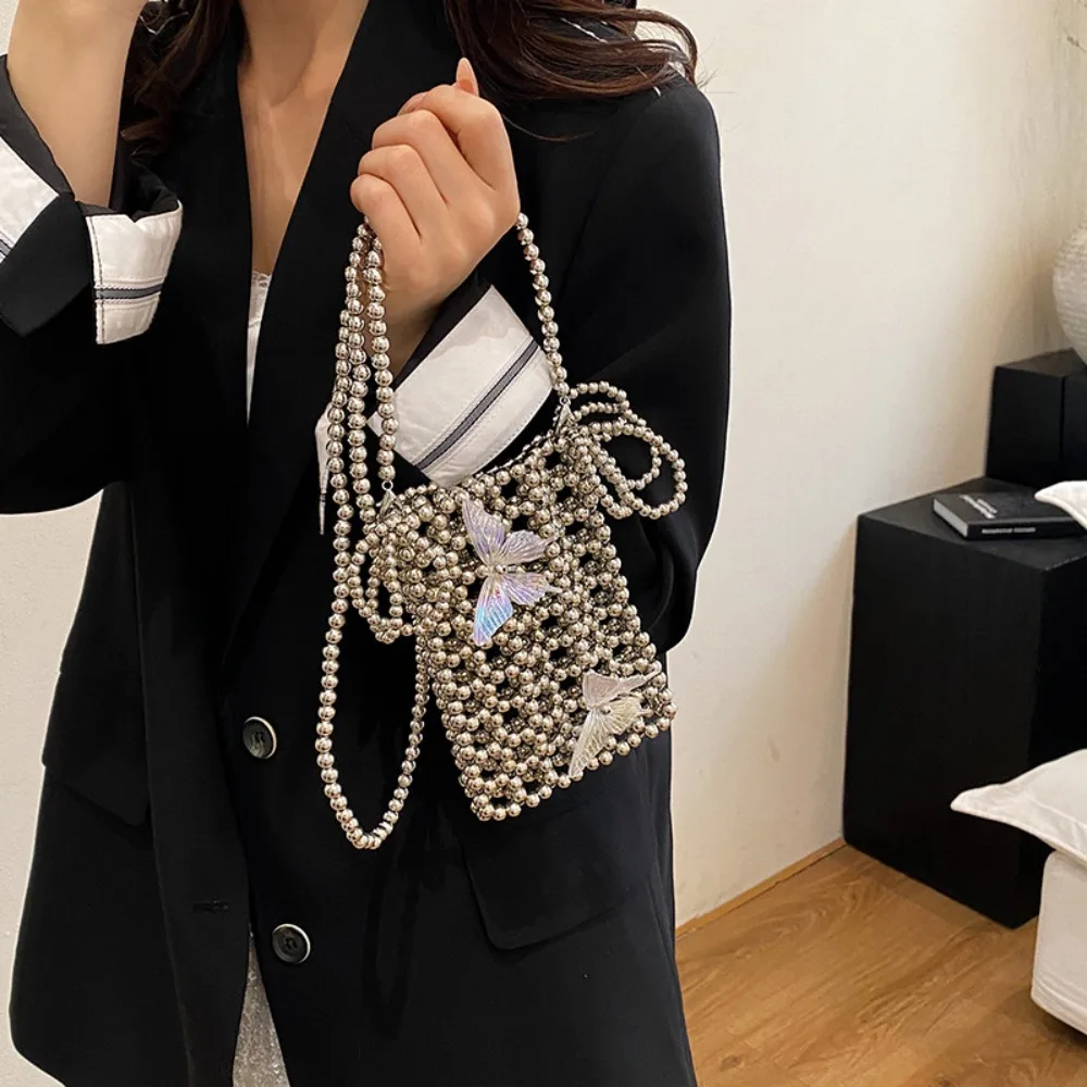 

Vintage Shiny Mini Square Bag Woven Acrylic Beaded Shoulder Bag Butterfly Silver Crossbody Phone Pouch Holiday