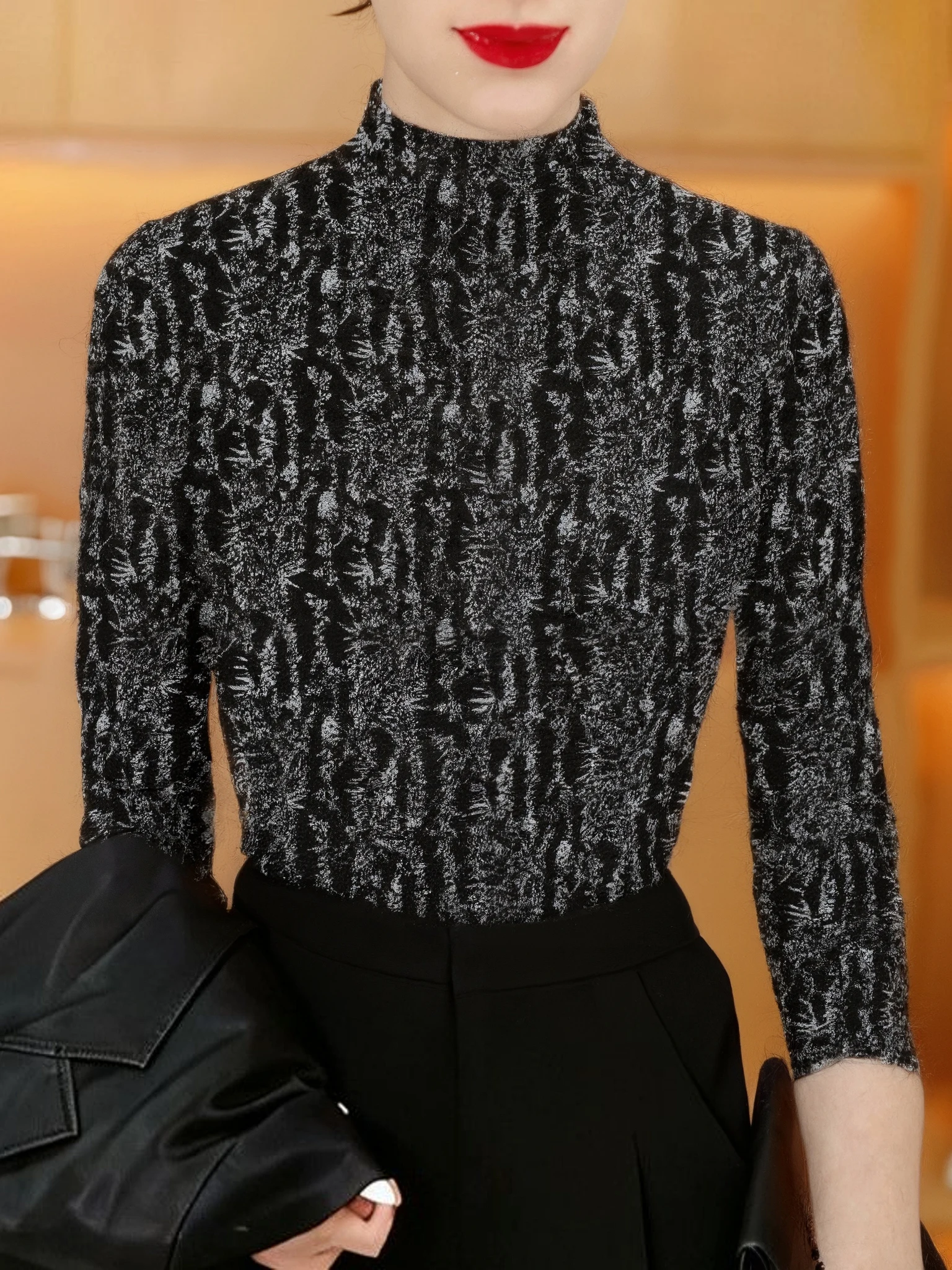 

Thickened Fleece Long Sleeve Printed Base Shirt Half High Collar for Middle-Aged And Elderly Women Casual Warm Polyester Fiber