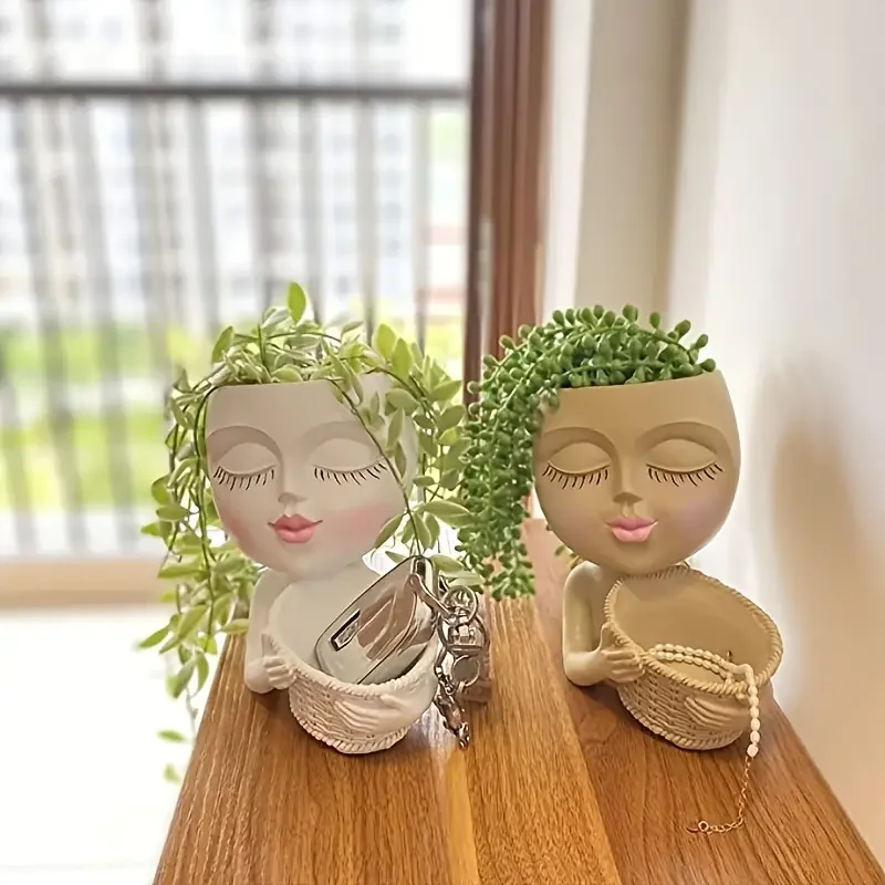 Girls Face Head Flower Planter Succulent Plant Flower Container Pot Flowerpot Home Decor Tabletop Ornament Garden Decoration