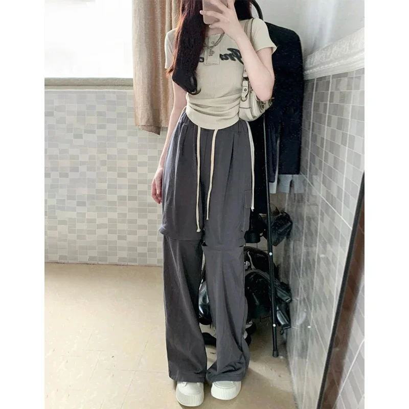 Summer Suit 2 Piece Sets Womens Outfits Y2k Clothing O-neck Drawstring Tshirts Straight Wide Leg Pants Casual Set Roupas Femme