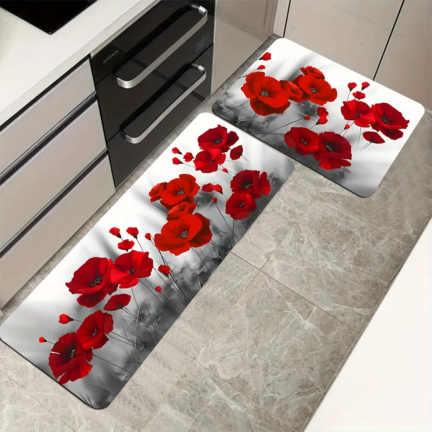 Red Poppy Flower Printed 2 Piece Kitchen Rug Set Non-Slip Absorbent Machine Washable Floor Mat for Home Farmhouse Decor