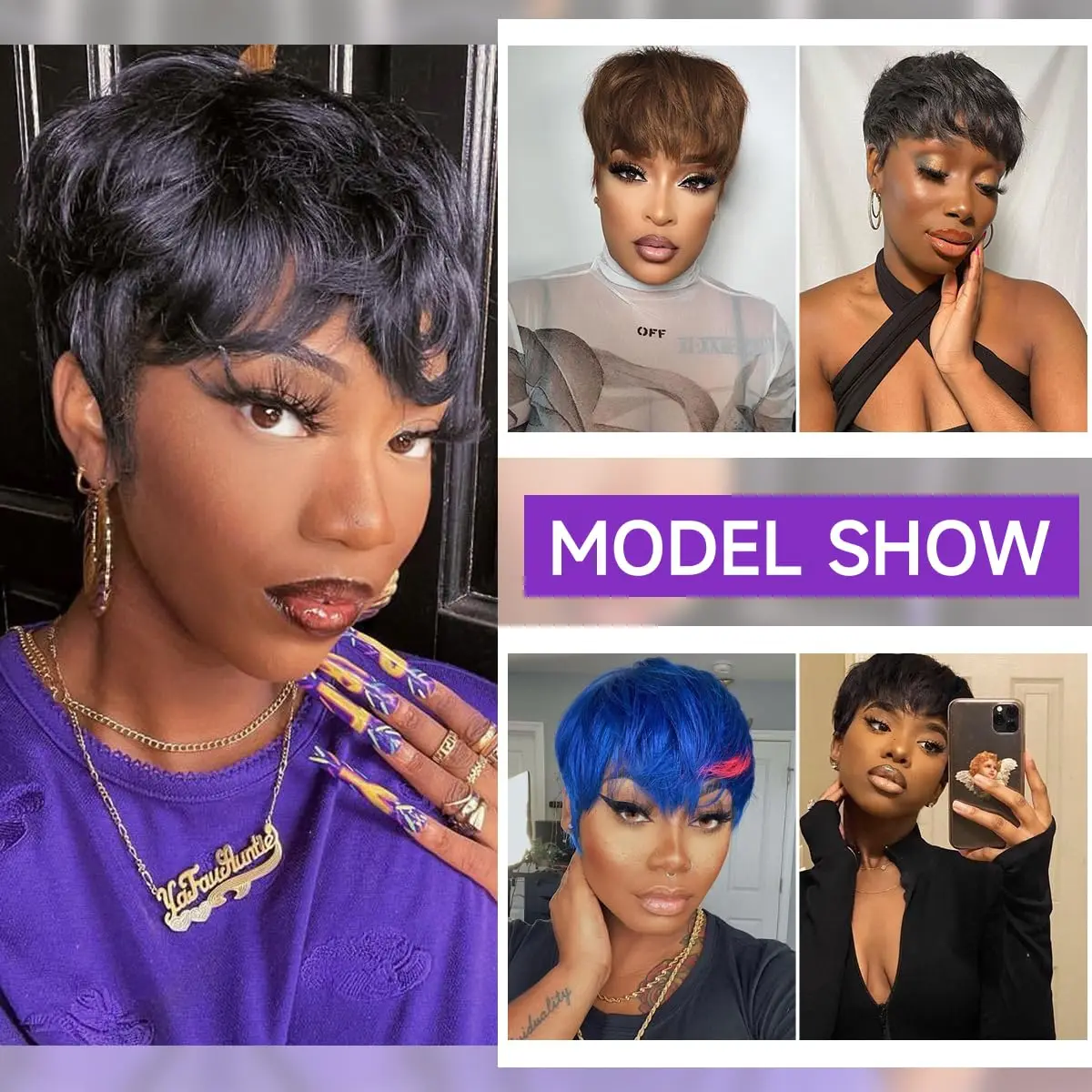 Short Ombre Brown Human Hair Wig, Layered Pixie Cut