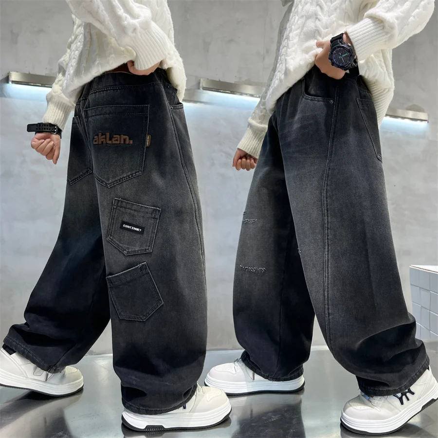 2026 New Spring Children Dark Grey Baggy Jeans for Teenage Boys Casual Loose Denim Pants School Kids Fashion Jeans Trousers 5-14