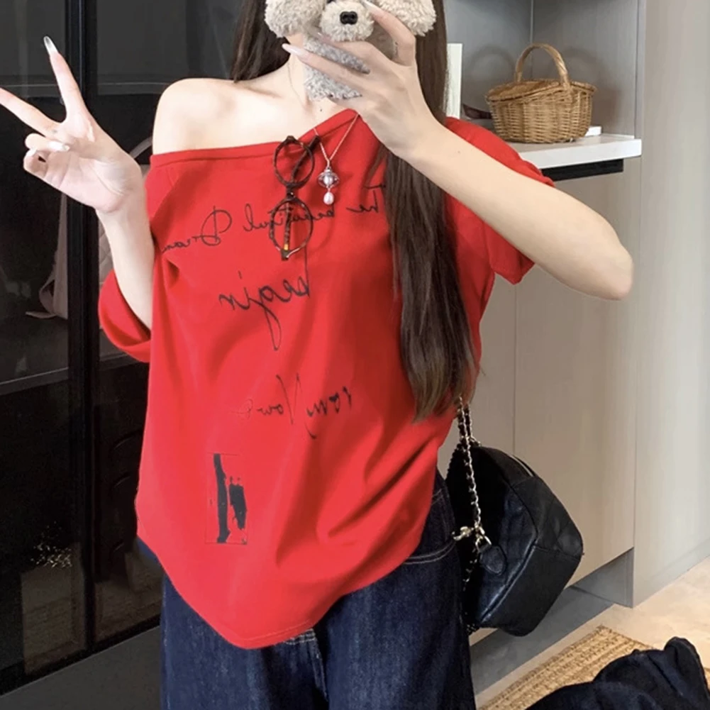 

For Casual Outings Short-sleeved Top Letter Print Top Daily Fashion Black Daily Use Hot Girl Look Microelasticity