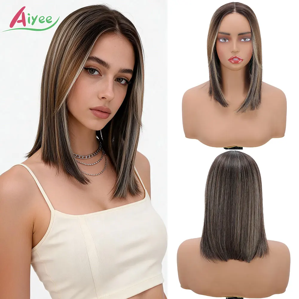 12 Inch Straight Bob T Lace Front Wig Brown Grey Highlight Ombre Layered Heat Resistant Synthetic Hair Breathable Wig Cap Women
