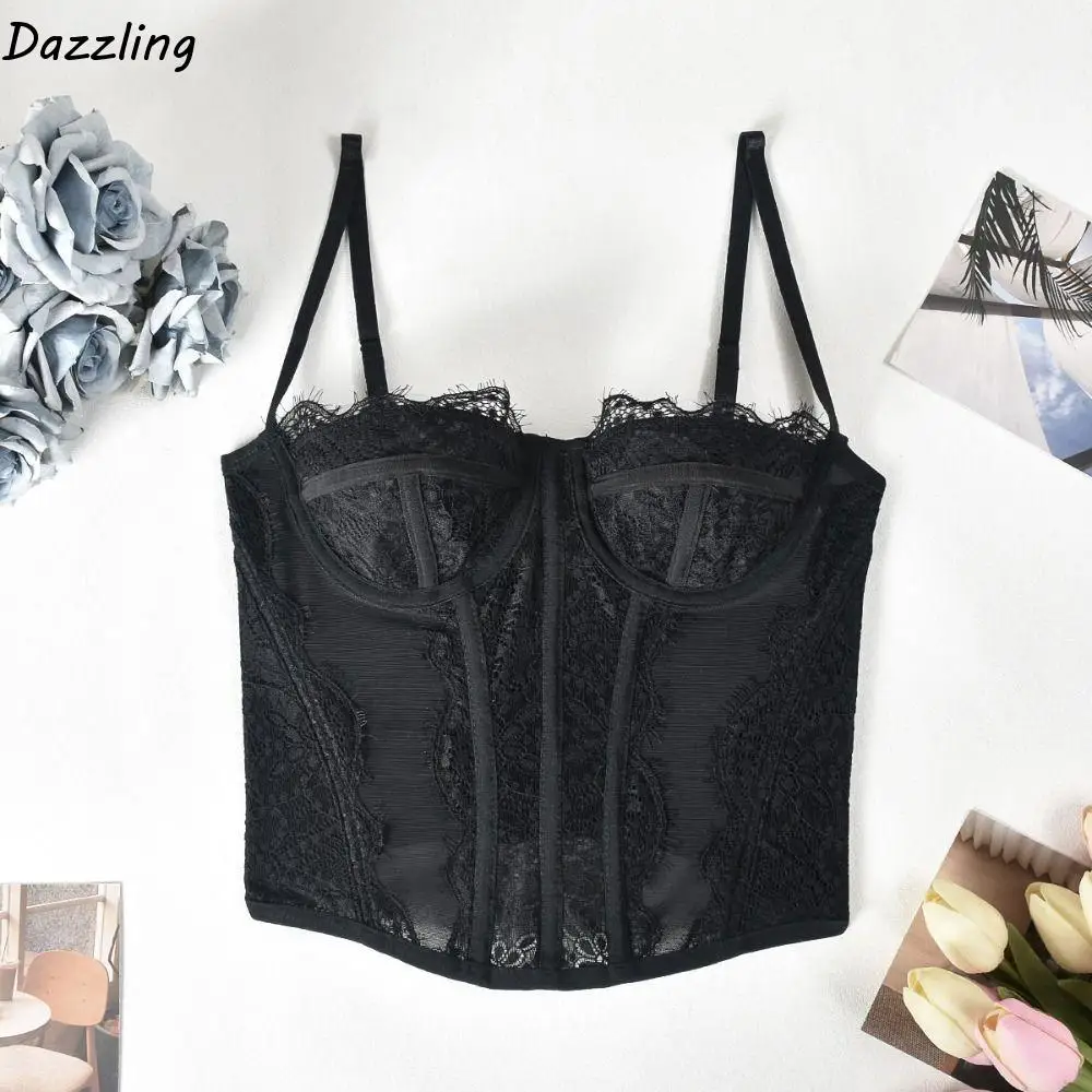 

Elastic Hollow Lace Camisole Transparent Slim fit Lace Corset Streetwear Tanks Crop Tops Spring Summer