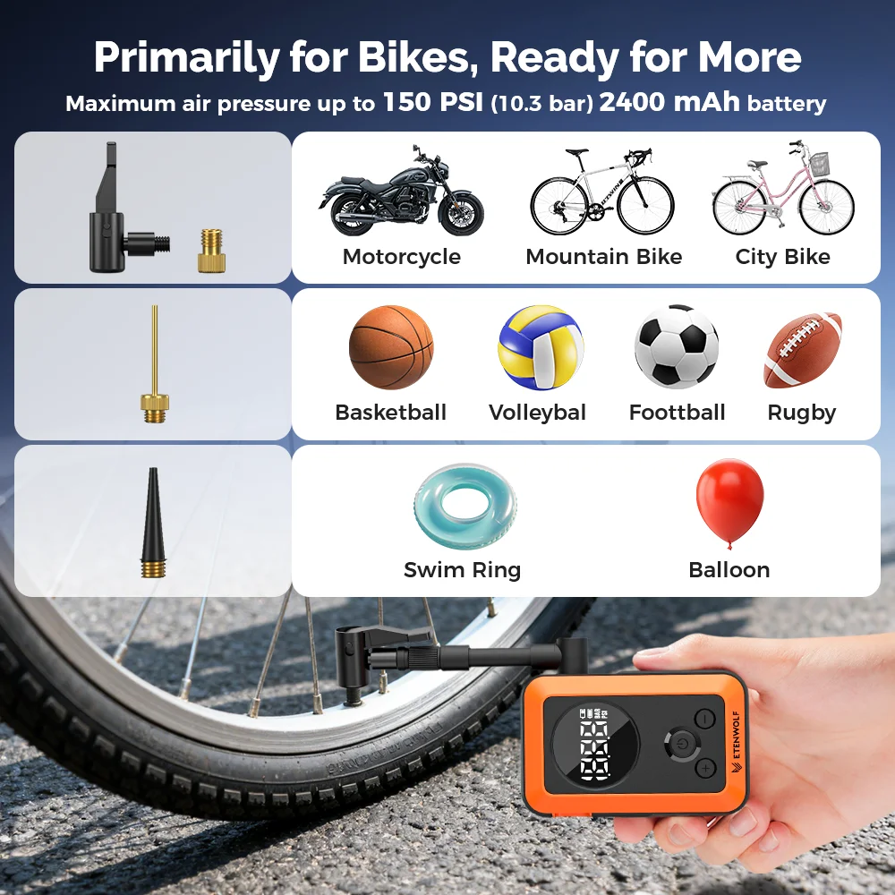Afbeelding 6: ETENWOLF S0 Mini elektrische fietspomp 2400mAh batterij met display 150PSI draagbare draadloze inflator voor mountainbikes en racefietsen