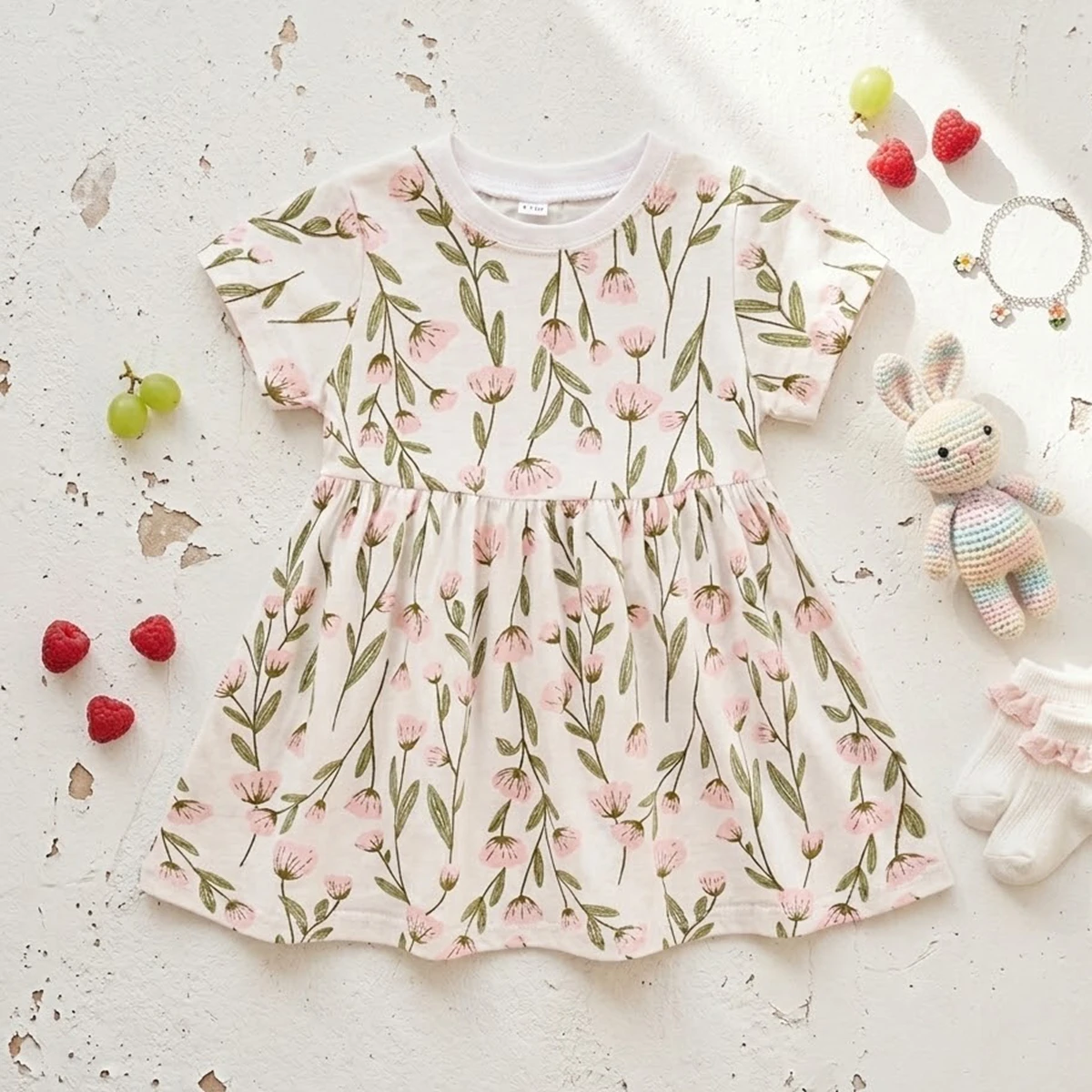 Cotton Summer Lovely Baby Girls  Dress Holiday Casual Flower Dress Short Sleeve